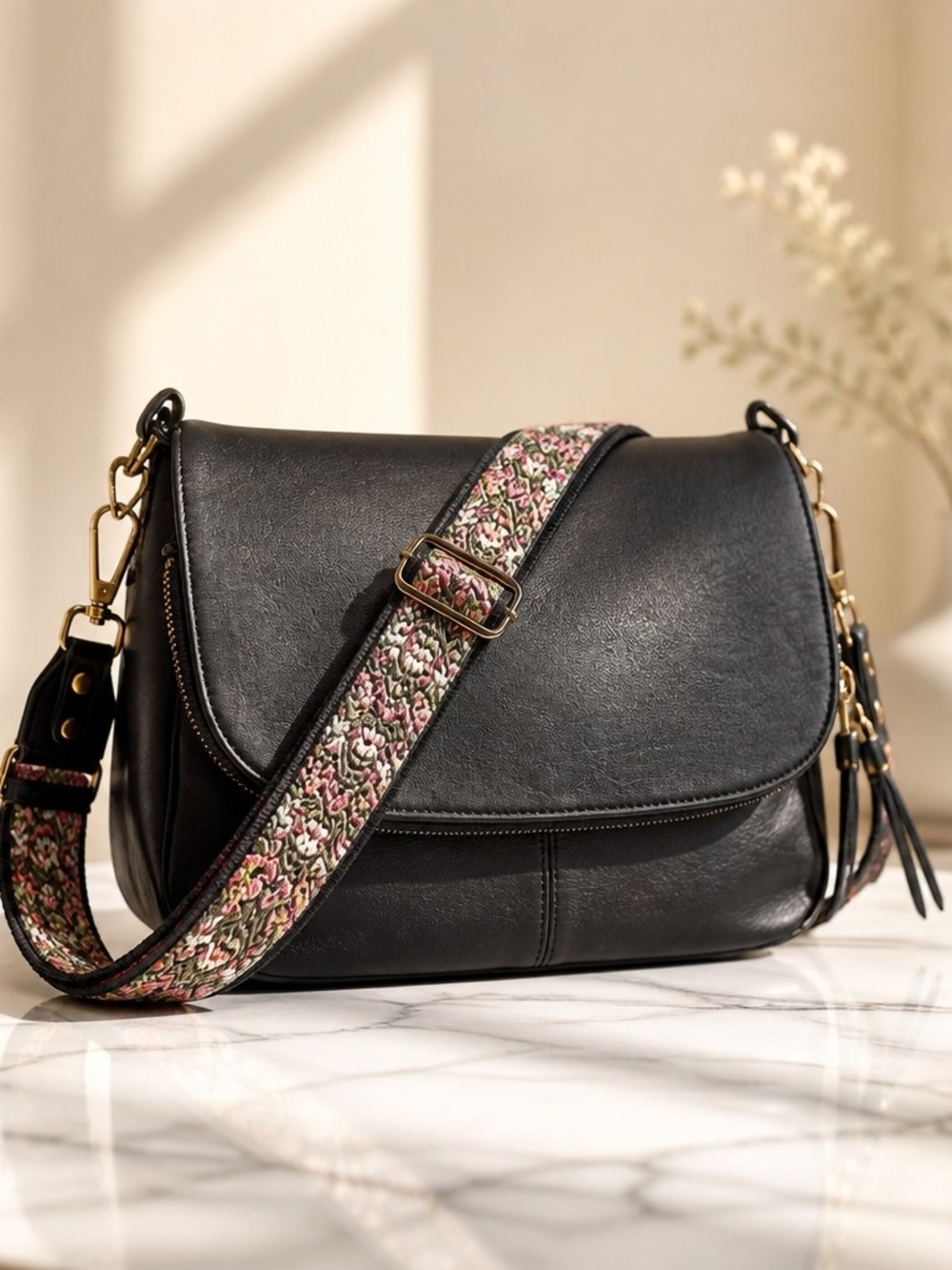Mystique Black Leather Crossbody Bag 12x9x3 with Adjustable Floral Guitar Strap